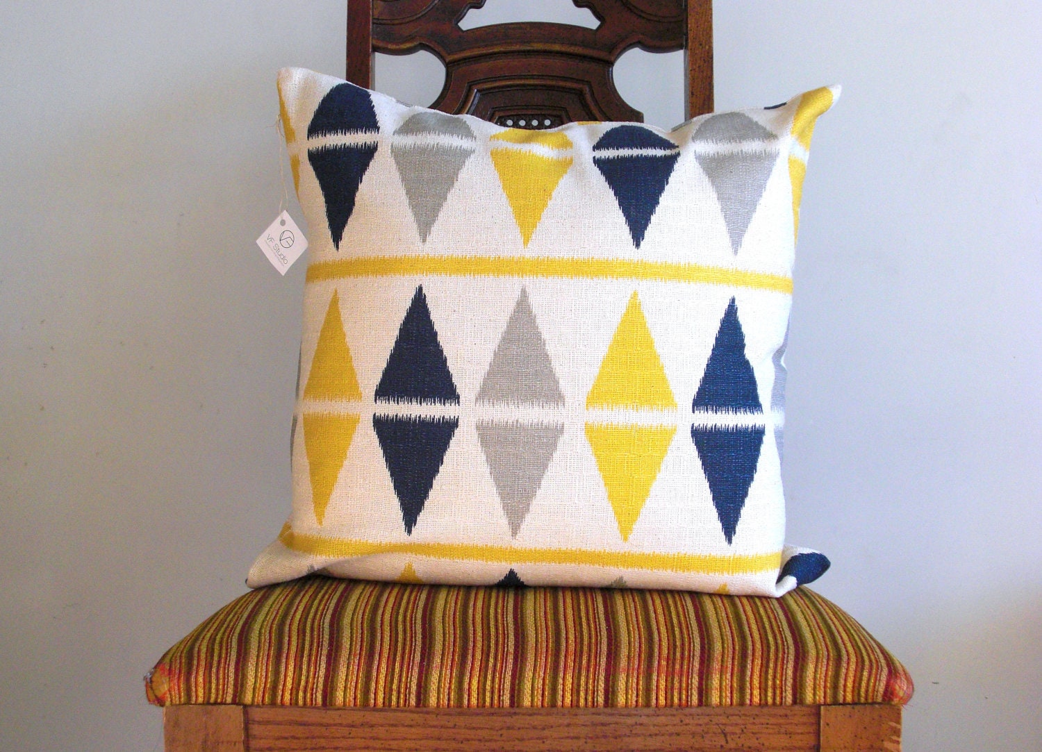 IKAT PILLOW cover Navy blue Gray Yellow 18 x 18 Triangle modern bold big Geometric white Gray blue navy cotton Home Decorative ONE