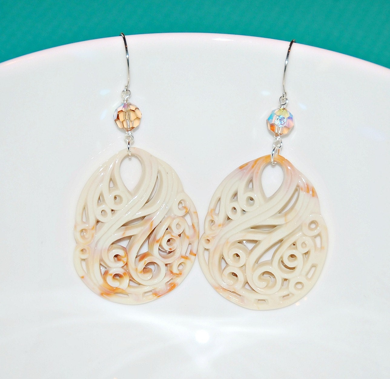 Filigree teardrop earrings in cream or pink - Swarovski crystal accent - sterling silver earwires - modern statement jewelry - orillia