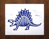 Dinobones Art Print - Dinosaur with Bones - 8x10 Linocut - Purple