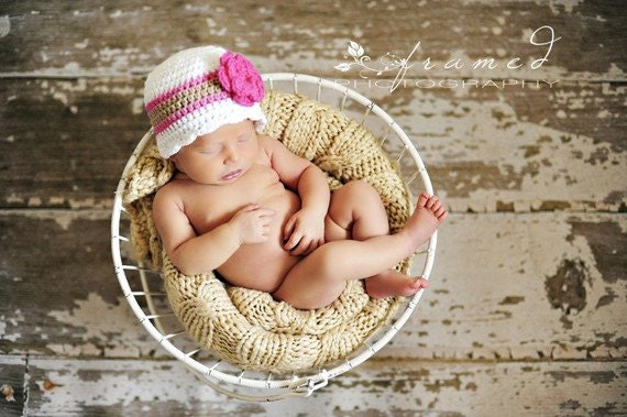Baby Hat, 0 to 3 Month Baby Girl Striped Flapper Beanie Crochet Flower Baby Hat - Neapolitan White, Pink, Tan Photography Prop Baby Hat