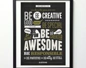 Motivational typography poster - Be kind Be greater Be awesome - Retro-style wall decor print A3