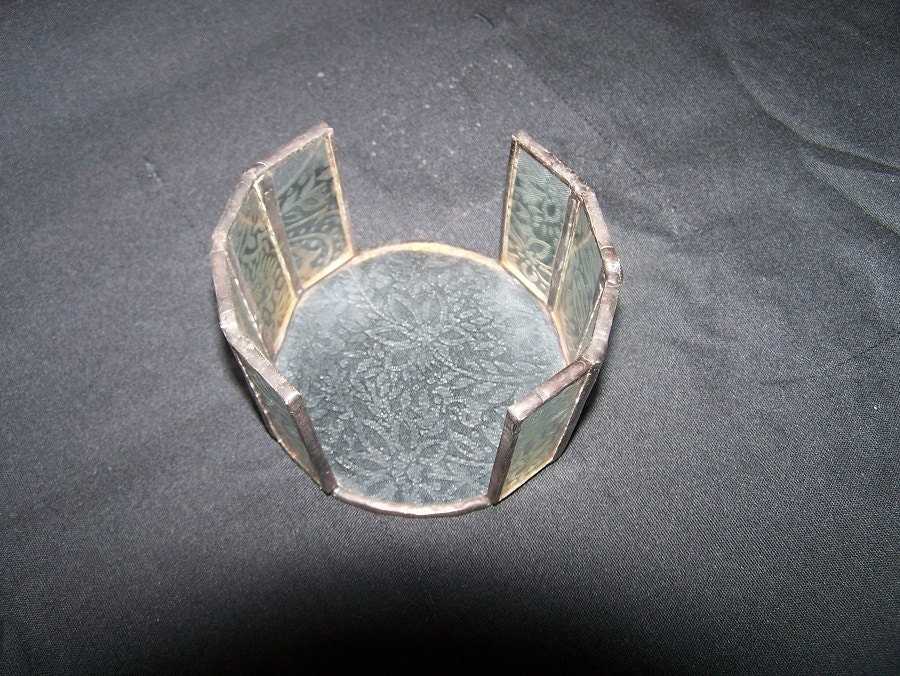 Candle Holder, Stained Glass, Flower pattern on Clear Glass