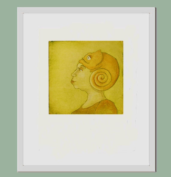 Woman and chameleon illustration, etching print colored with watercolor