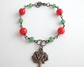 Cute tree bracelet, recycled vintage beads, red and green with bronze tree charm - Apple Tree