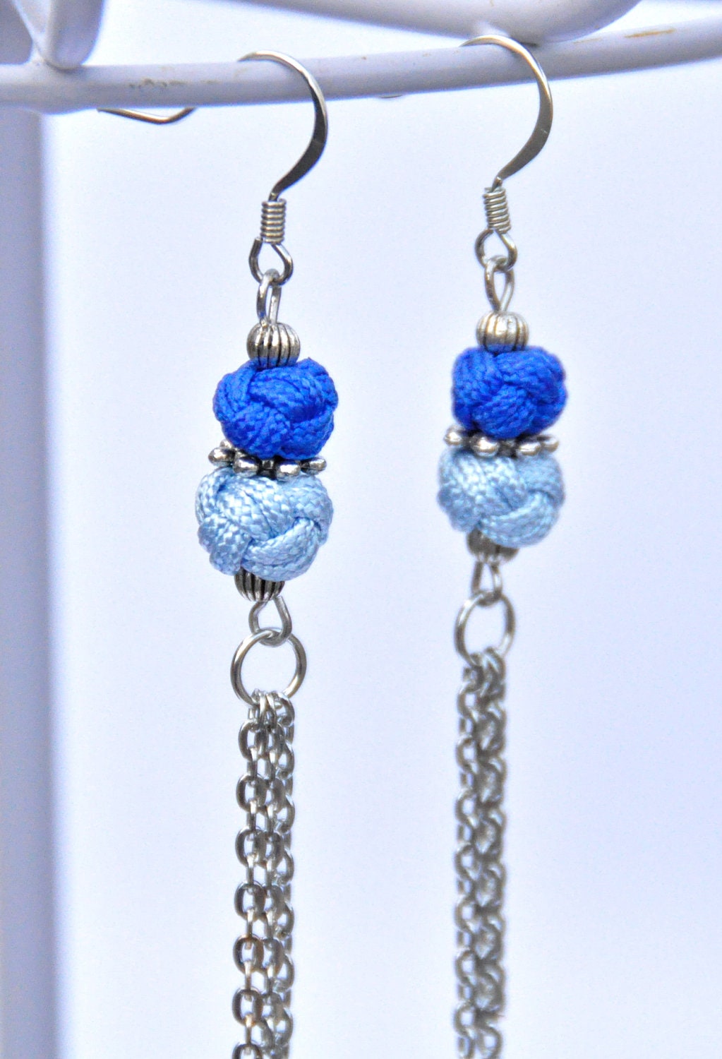 Blue "Tie the Knot" Earrings - winter 2012, fabric knot, braided, mixed media, drop earrings, silver chain, holiday, Christmas gift for her