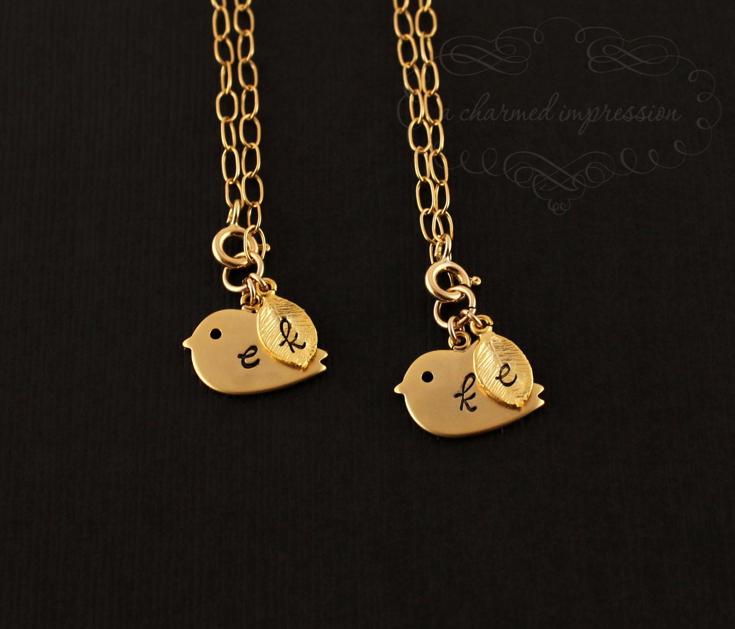Personalized Gold Bird Initial Leaf Bracelet Set . Matching Sisters Jewelry . Mother Daughter.Gold Filled.Friendship Gifts for Best Friends