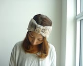 SALE // Women ribbon hairband hand knit hairband  wool acrylic ivory grey beige color warm, chunky, simple hairband winter gift for her