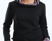 Cozy black Hoodie for Women Pullover with striped Details - Handmade Long Sleeved Sweatshirt - Size XS-XL