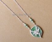 Fairy Pendant Necklace, 29 inches long, Stained Glass, Jade Green Glass w/ swirls of white, plus size jewelry