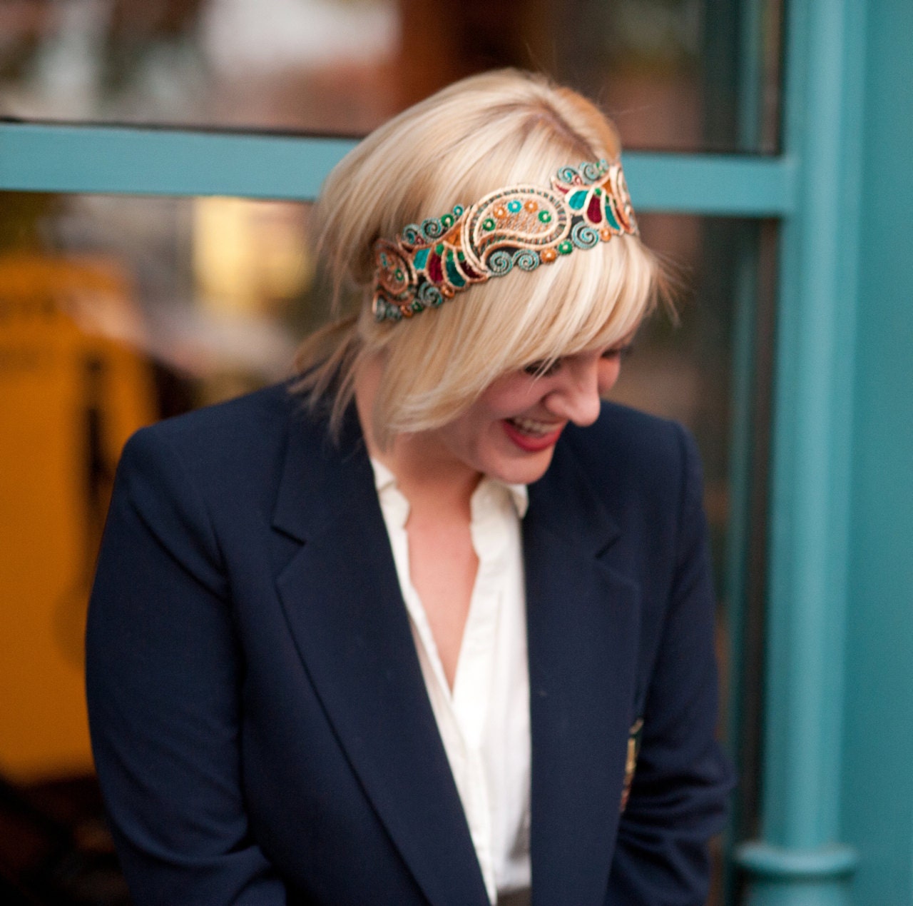 Headband Bold Paisley  Saffron, Turquoise, Green, Red and Metallic Gold Women Teen Adult