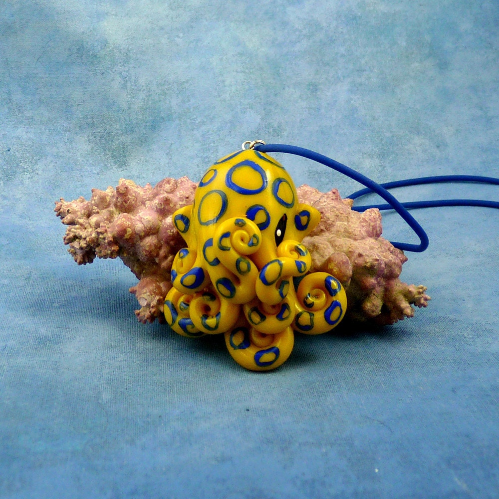 Blue Ringed Octopus Necklace, Yellow & Blue Polymer Clay Cephalopod Jewelry