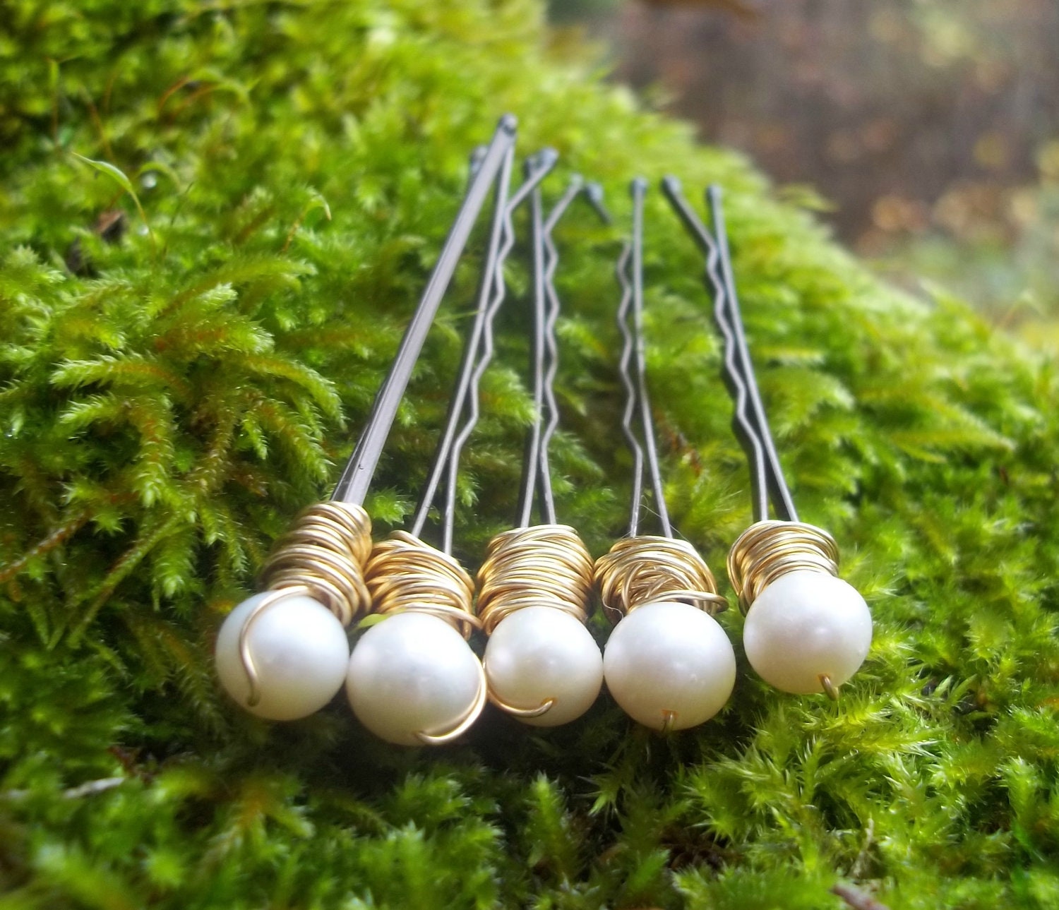 Set of 5 Cultured Freshwater Ivory Pearl and Gold Wire-wrapped Bridal Bobby Pins