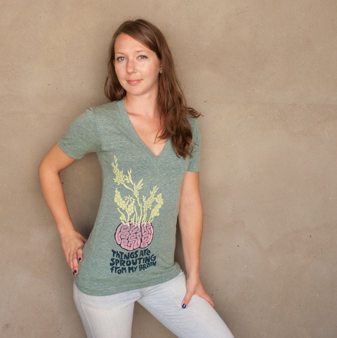 Sprouting Brain Deep V-neck T-shirt - hand printed graphic t-shirt