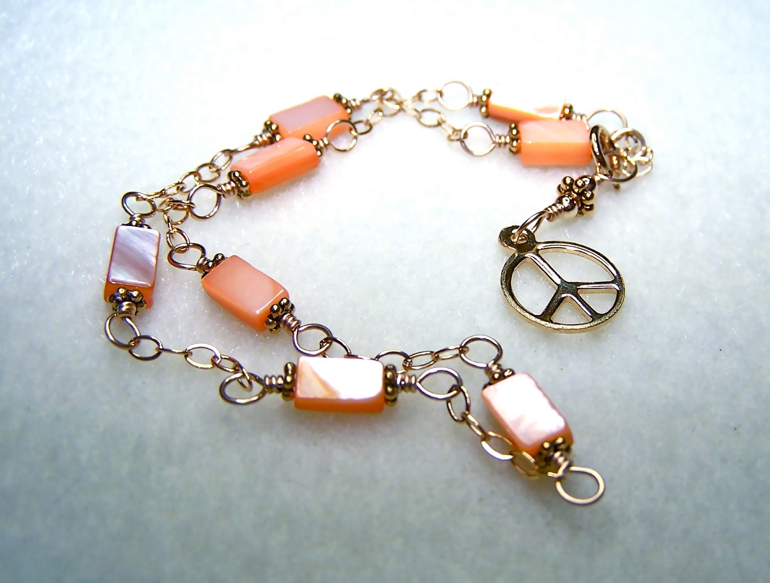 Shell Jewelry - Anklet - Ankle Bracelet - Peace Jewelry - Peach and Gold with Peace Sign and Adjustable Chain - Wire - Wrap - Handmade