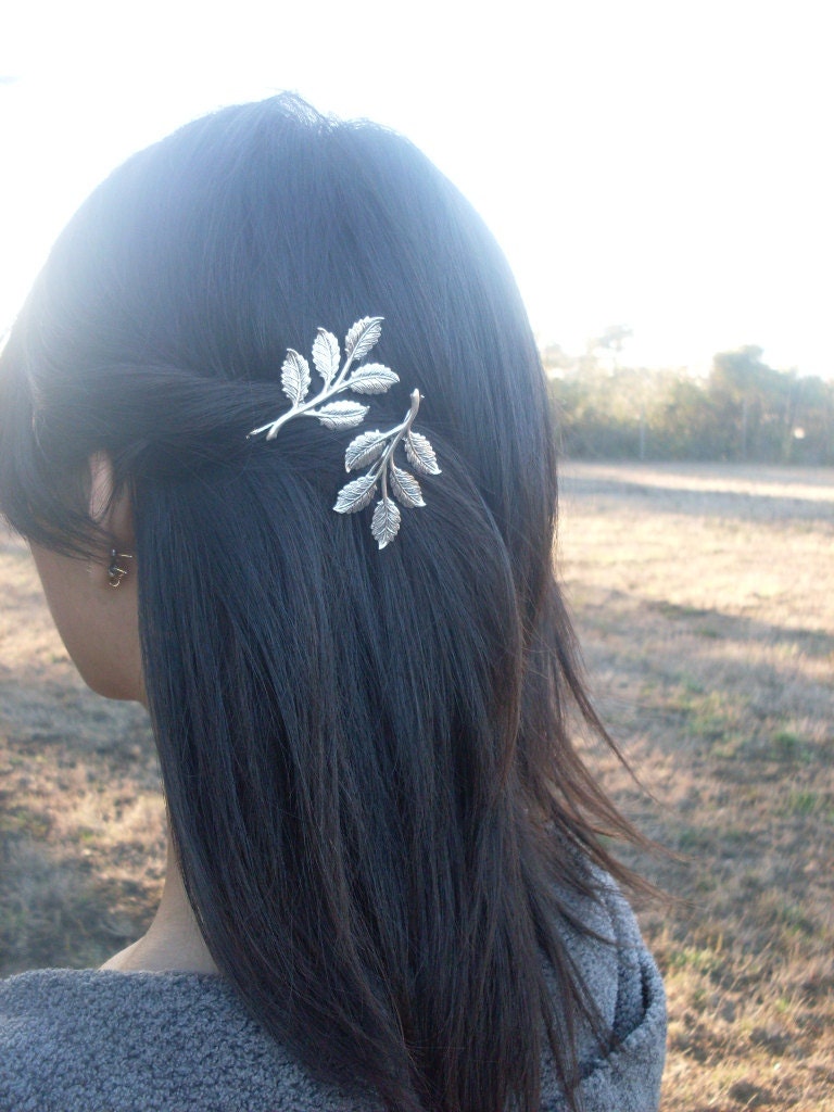 Silver Leaf Branch Bobby Pins - Silver Bridal Hair Pins Bridal Bobby Pins Grecian Hair Accessories Woodland Wedding Bridal Hair Accessories