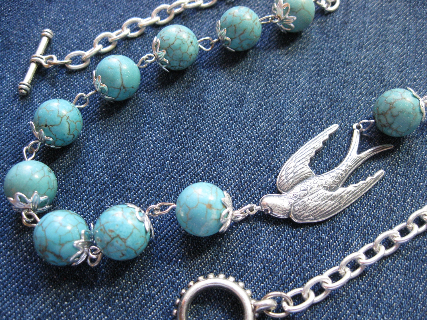 Turquoise and Silver Necklace with Silver Bird - Matching Earrings