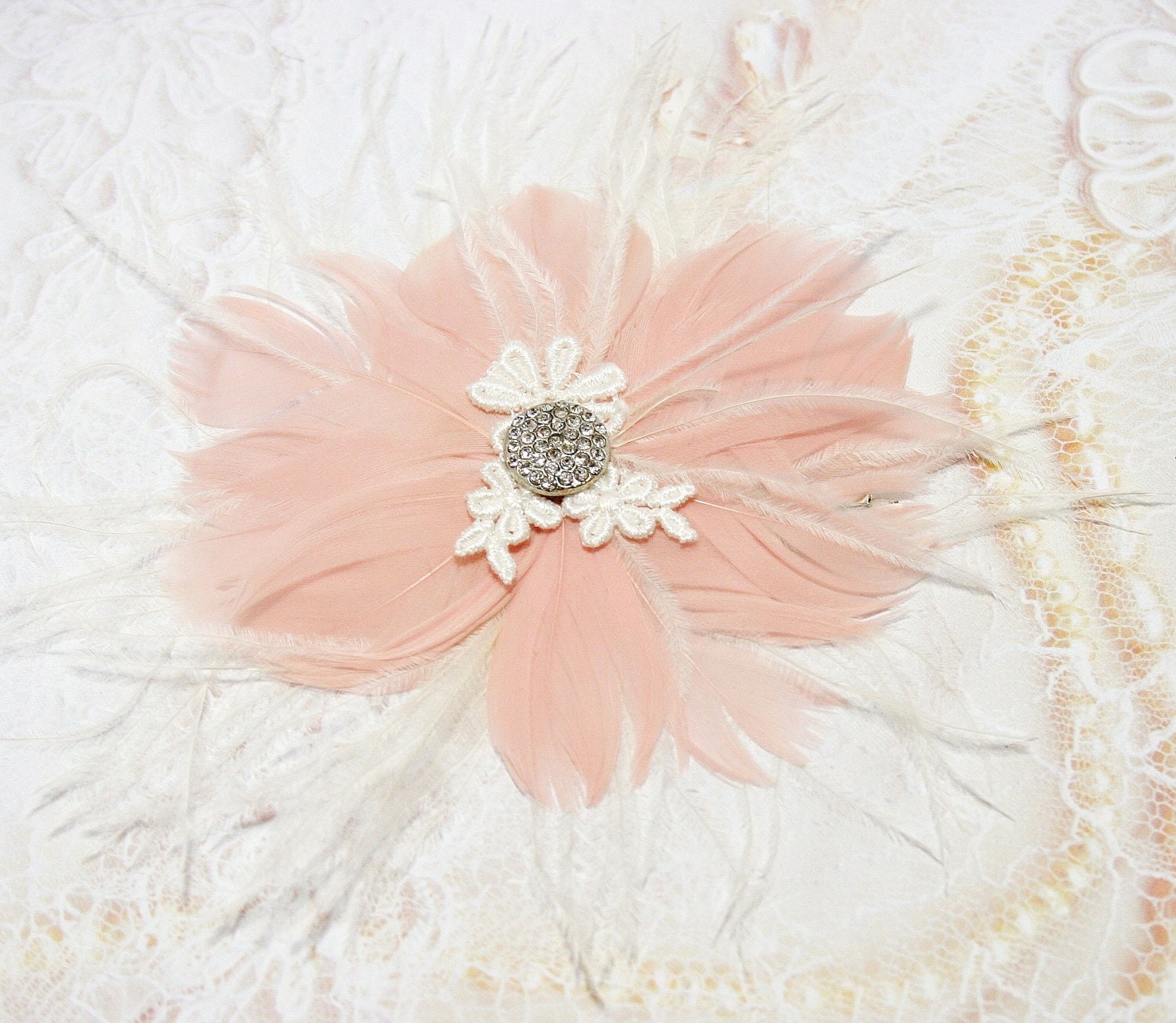 Bridal Fascinator Blush Pink, Wedding Headpiece, Bridal Hair Accessory, Rhinestone, Lace, Blush, Pink, Feather, Hair clip