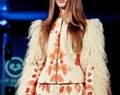 Terracotta print jacket and skirt ensemble with merino, silk and wool locks