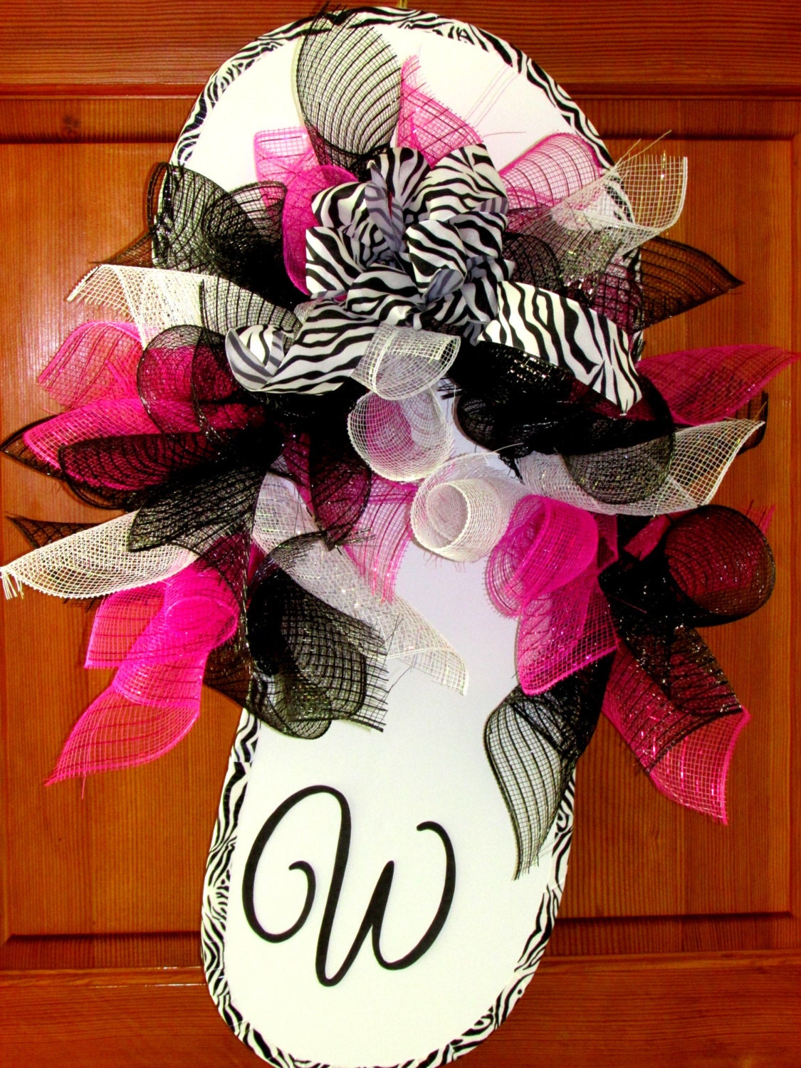 Flip Flop for door, deco mesh, whimsical wreath, deco mesh wreath, zebra wreath, door hanger, pink black flip flop, wreath,flip flops