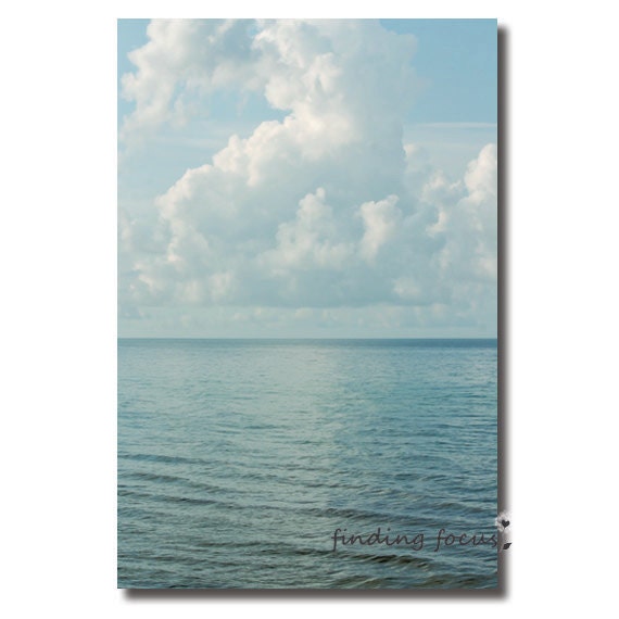 Ocean Landscape Beach Water & Sky Photography, Dreamy Soft Marine Blues Fluffy Clouds Over the Sea, 8x12 Fine Art Beachy Cottage Photo Print