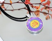 OM Namaste Yoga Pendant Necklace Rope Included Silver Plated Setting, Meditation Focal Point Lakshya Asana Chakra Purple Turquoise