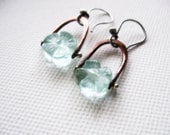 Aqua Quartz Earrings Blue Topaz Carved Flower Rustic Copper Sterling Silver Pinned Dangle Drop Metalsmith Metalwork Industrial
