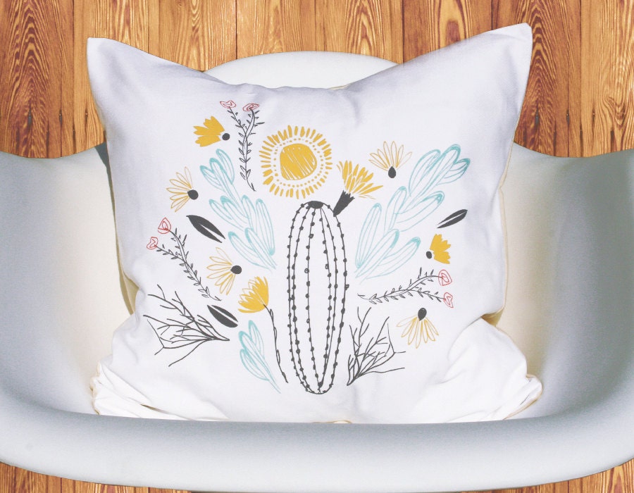 South floral and cactus flowers bouquet tribal bloom illustration removable throw pillow case cover linen cotton blend 16 inch square