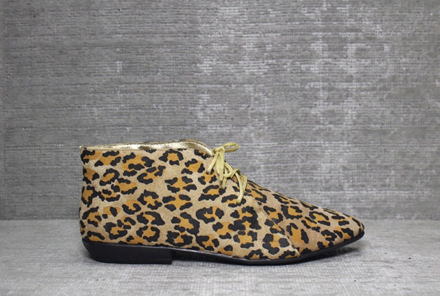 Vtg 80s 90s Leather Animal Print Leopard Lace Up Granny Boots 7 1/2 38