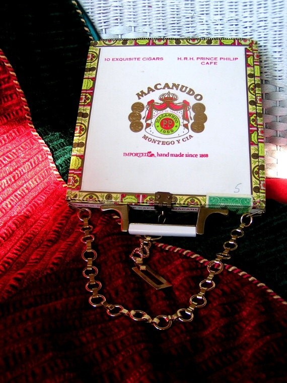 Buy cigars gifts christmas - Cigar Box Purse wood red suede gold chain OOAK handmade Christmas-y Macanudo purse holiday gift handbag