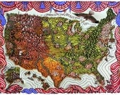 AMERICA THE BEAUTIFUL Map Woodcut Print, Woodblock Print