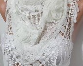 Cream White Rose Cotton Shawl/ Scarf   Headband with white Lace Edge--- Super quality Scarf Shawl Mother's Day gift