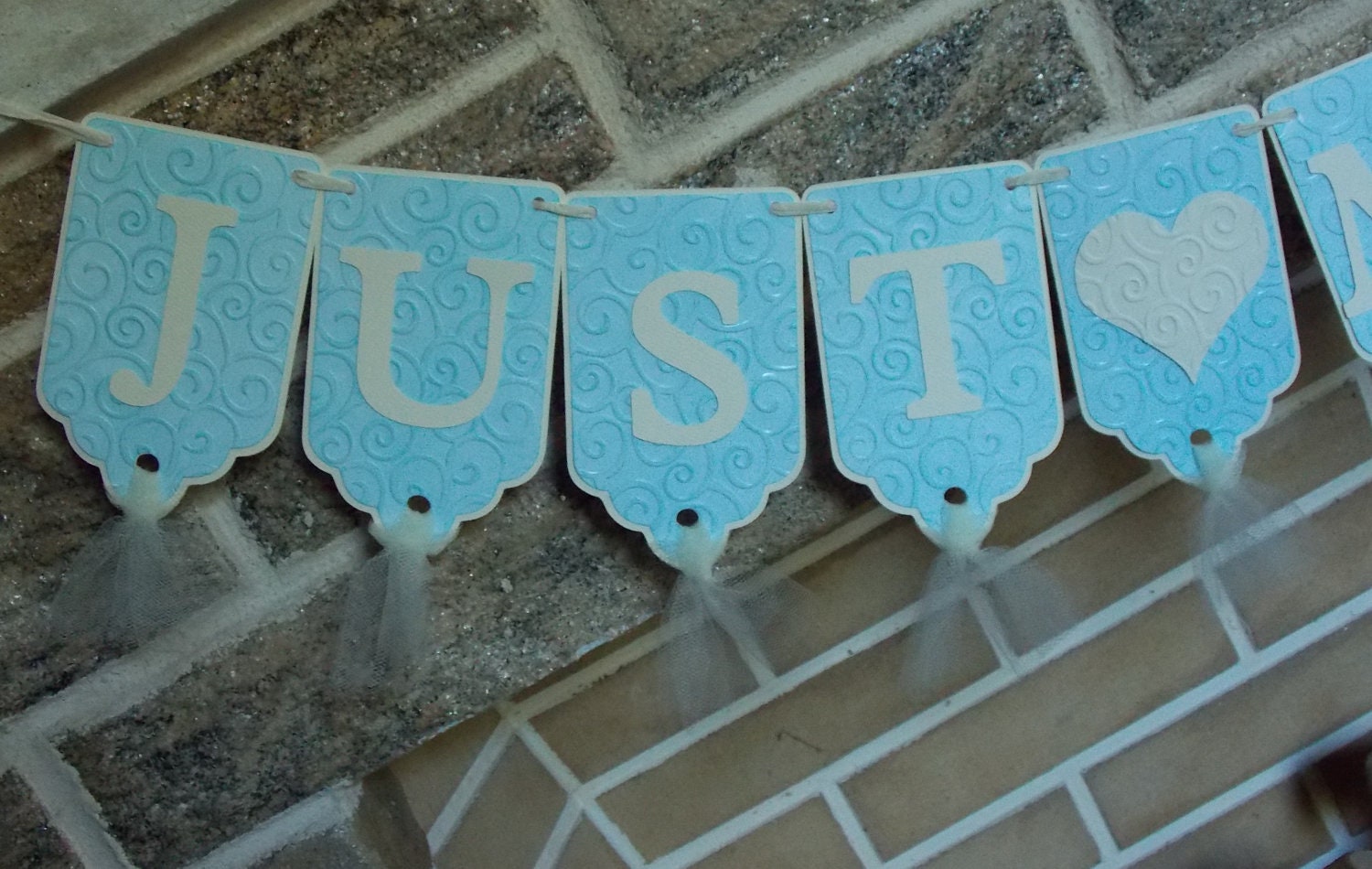 Just Married Banner - Custom Wedding Reception Banner Blue and Ivory