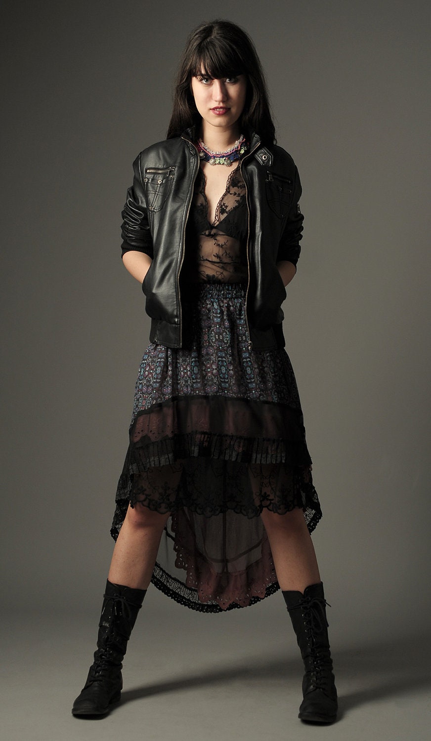 Floral Hi Low Georgette skirt with Black Lace - Custom size skirt, Made to order skirt
