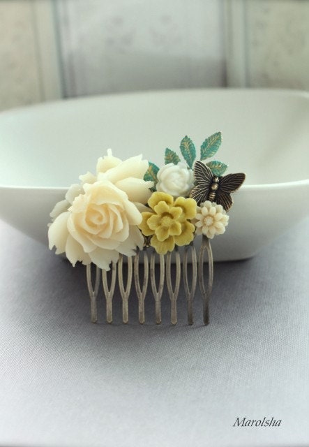 An Ivory Rose, Mustard Sakura, Butterfly, Patina Green Leaf Flower Collage Hair Comb. Gift For Wife. Bridal Wedding, Bridesmaids Hair Comb