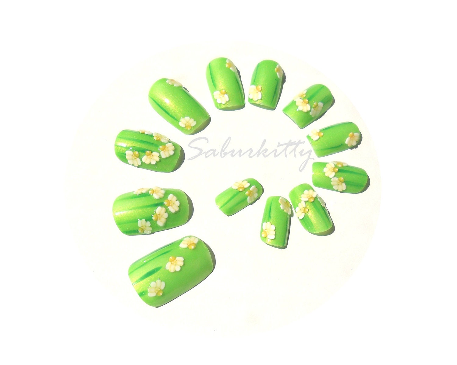 Neon Chartreuse Nail Art fimo cane bellflower flowers designs green press on nails fake nails accessories acrylic nails w/Glue