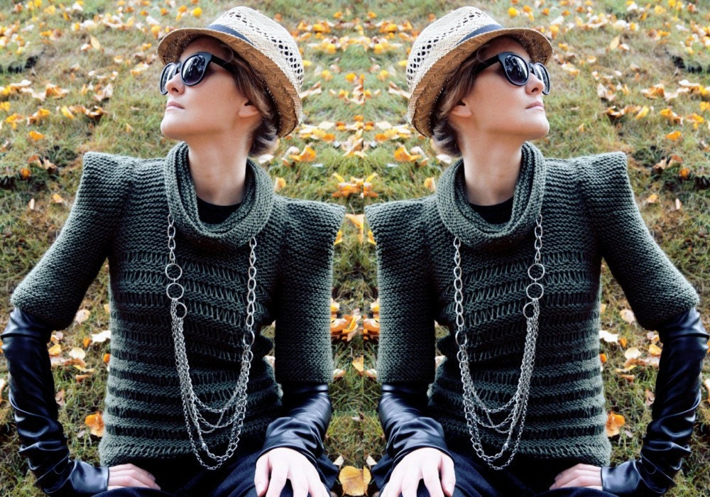 Olive green military elegant women fall autumn hand knit sweater, modern fashion triangle geometric origami /Khaki Chic 2/