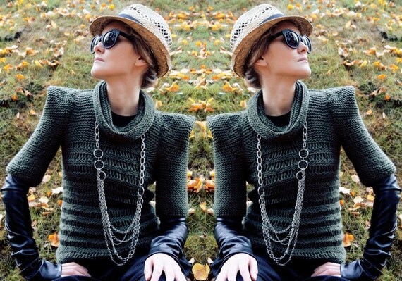 Olive green military elegant women fall autumn hand knit sweater, modern fashion triangle geometric origami /Khaki Chic 2/