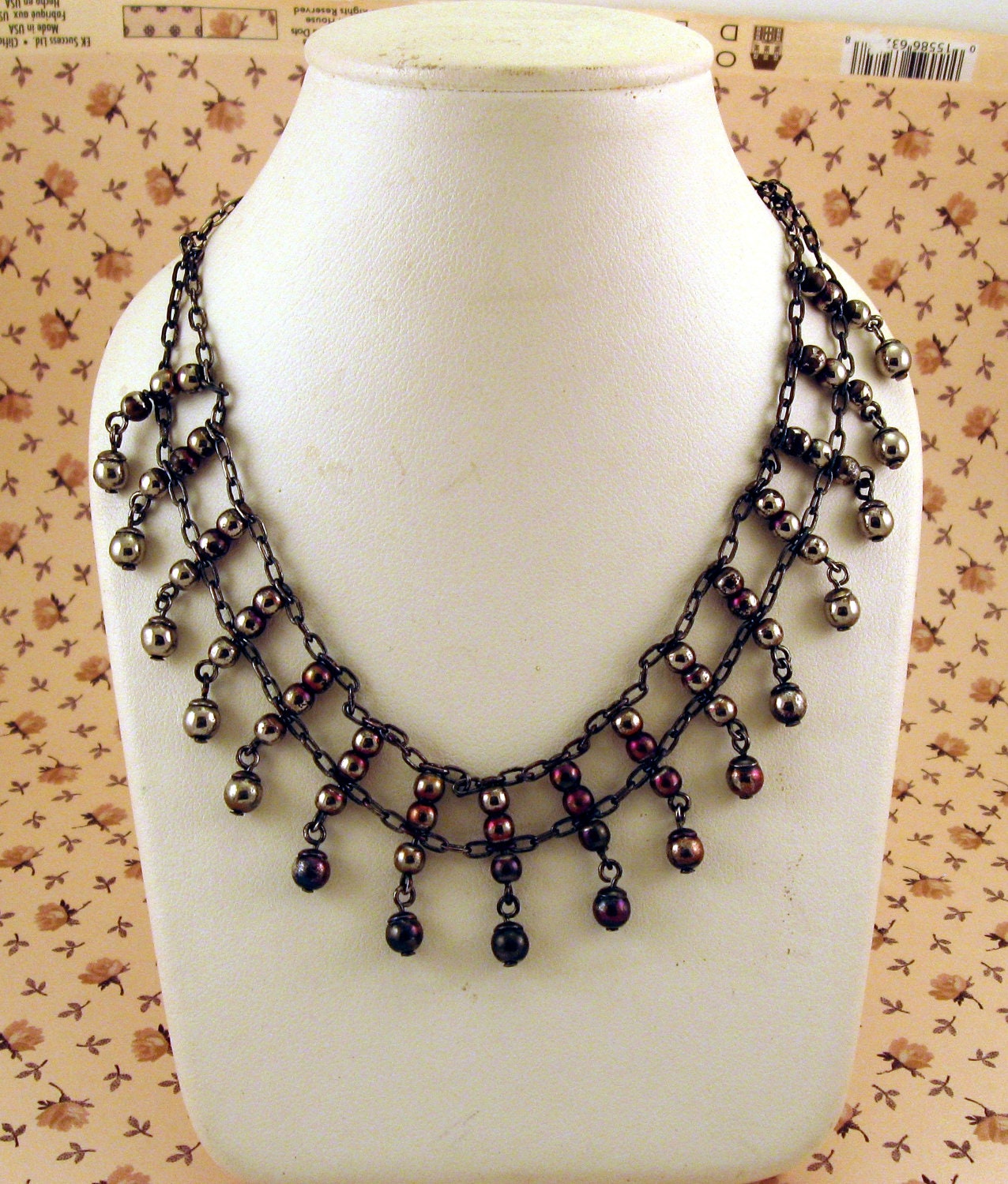 Egyptian Revival Vintage Metal Fringed Bib Collar Necklace Beaded Tri Color