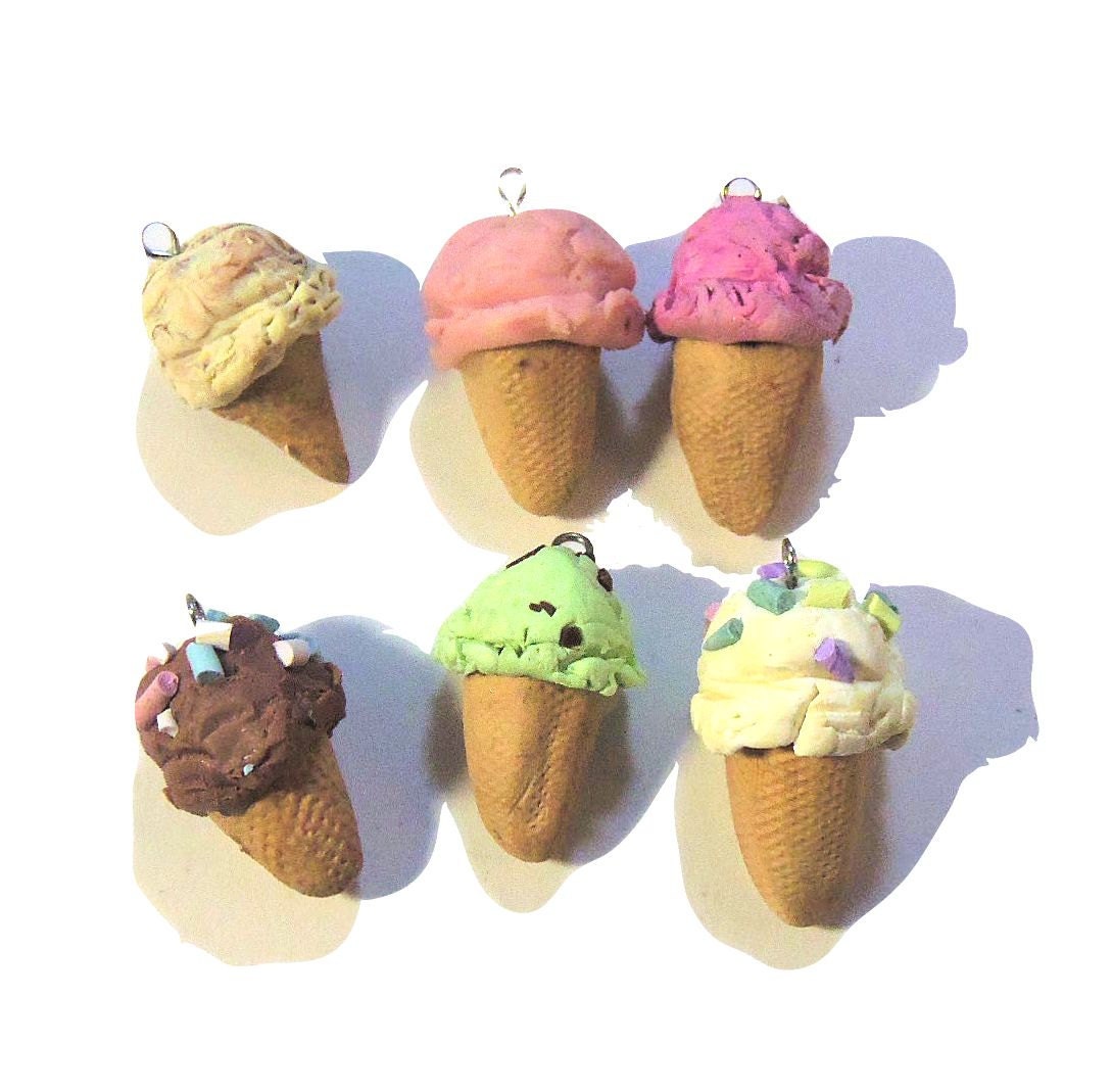 Polymer Clay Ice Cream Cone Charms - set of 6