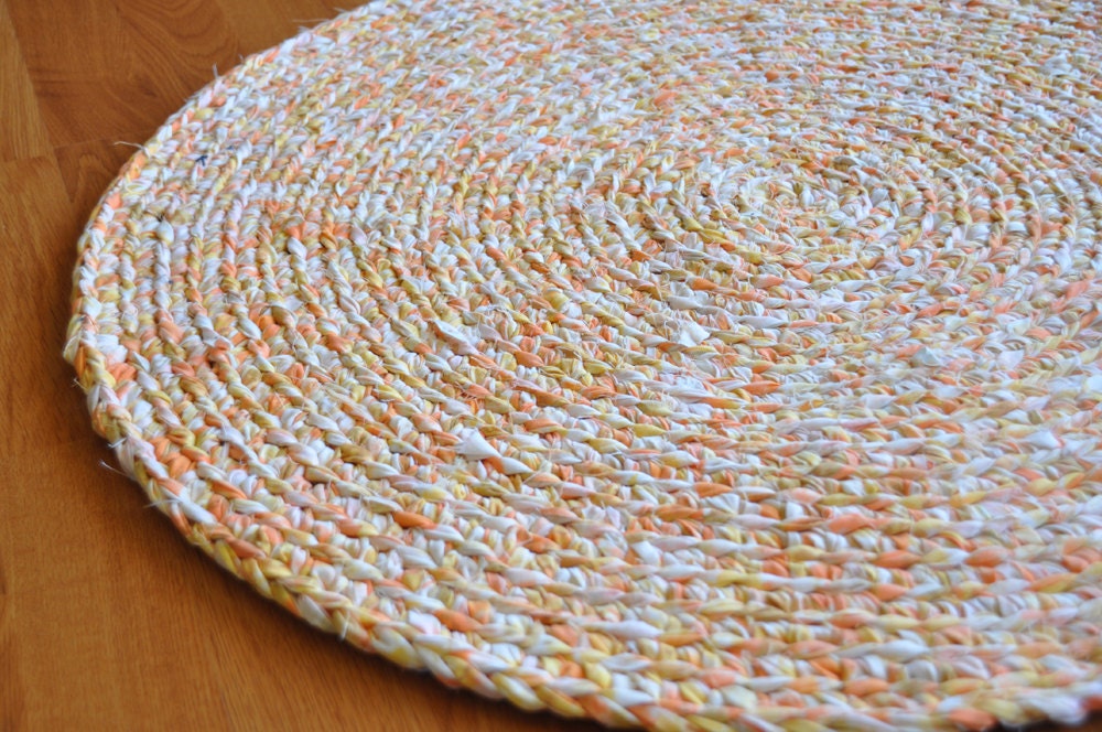 Rag Rug - Crochet - Orange Yellow White Flecks - Recycled - Upcycled