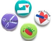 Sewing Tool Theme Buttons, 1 inch pin back, My Friend Seam Ripper, Set of 4