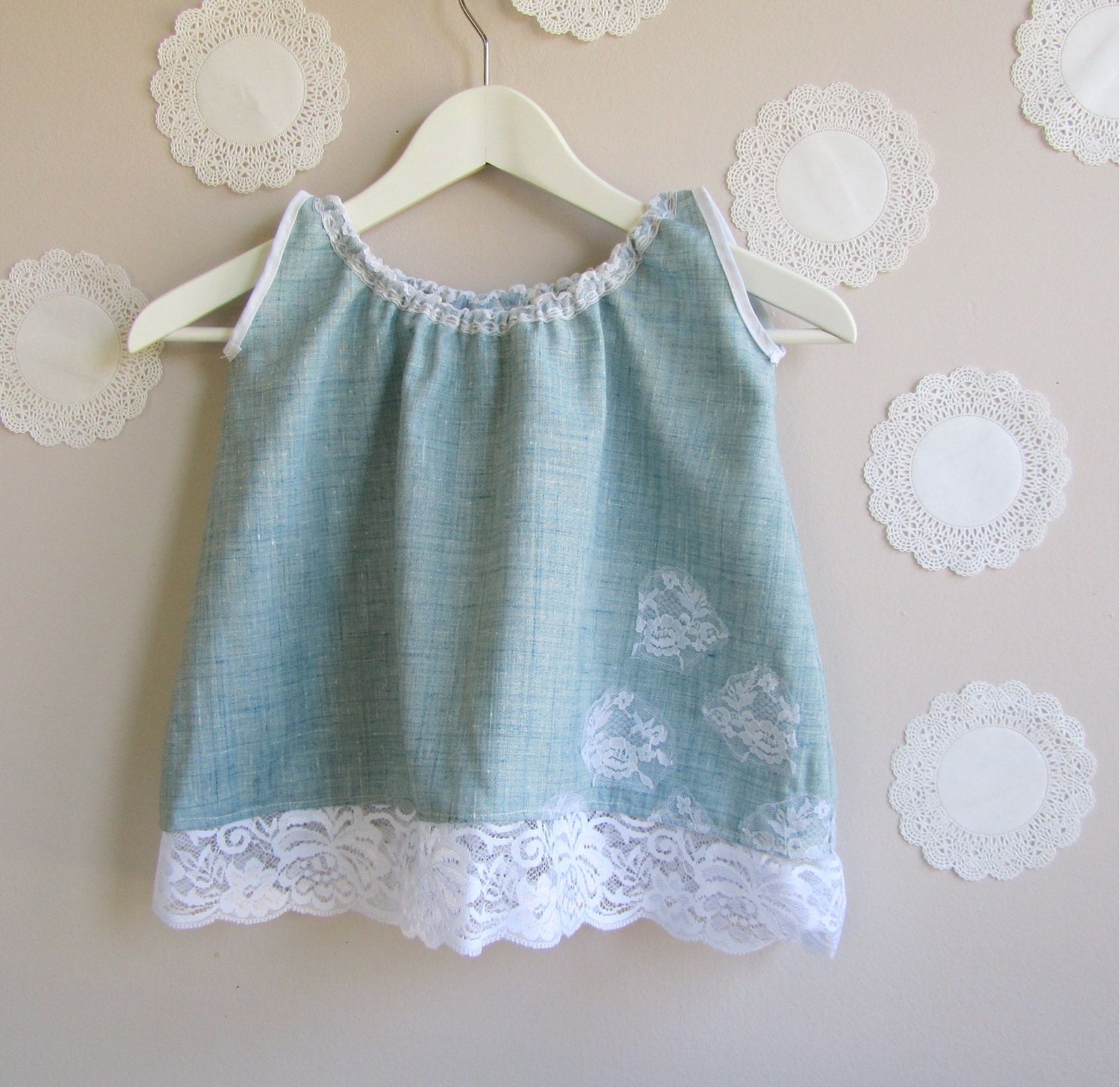 Blue Skies eco friendly toddler dress blue cotton and lace reclaimed fabric
