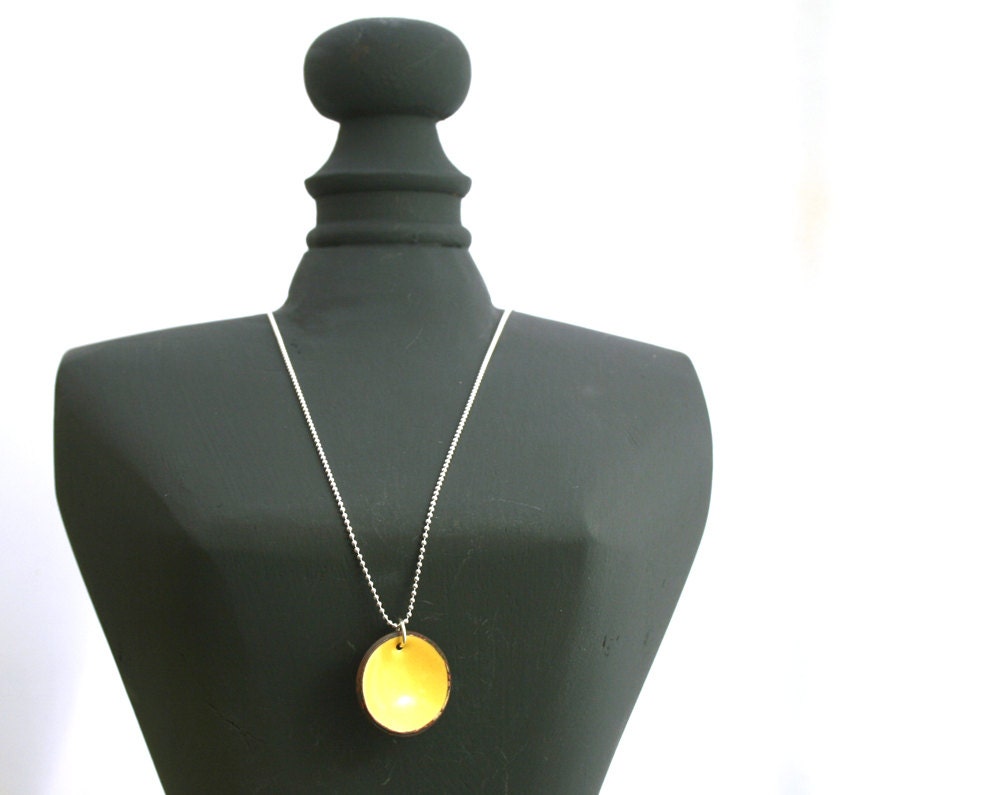 Enameled lucky penny pendant necklace on sterling chain, Butter.