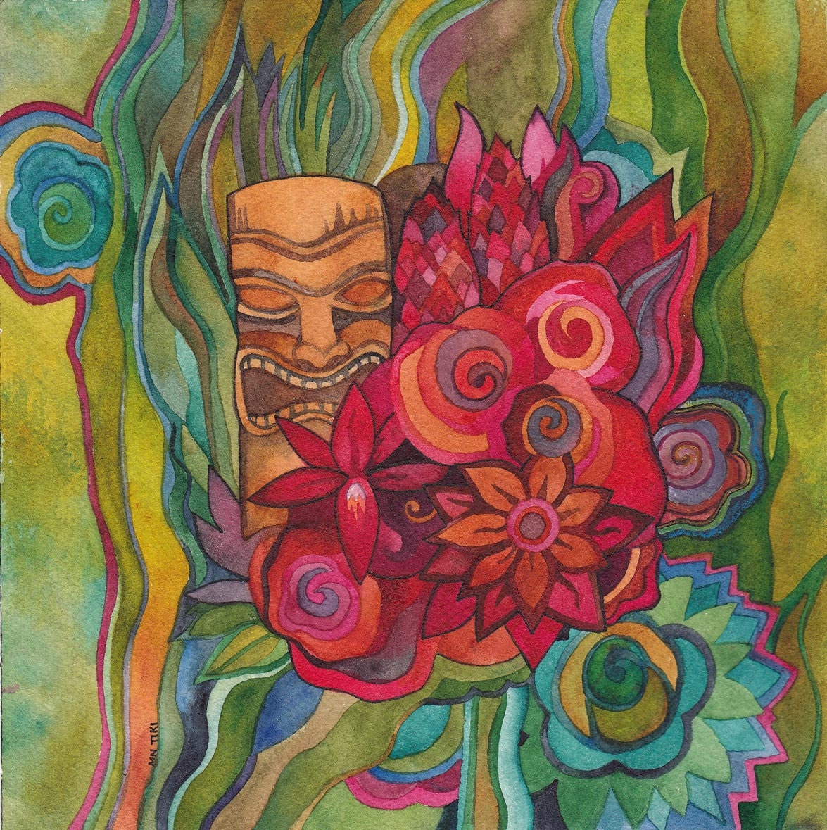 Tiki with Orchids Watercolor by Megan Noel