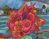 Swimming through the Streets Watercolor by Megan Noel
