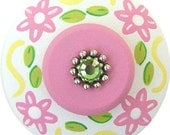 Pink Green and Yellow FLOWERS Swarovski Crystal Jeweled Handpainted Wood Drawer Pull Knob