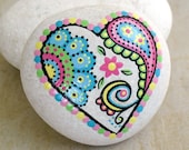 Hand Painted Abstract Heart Flower Paisley Art River Rock Stone