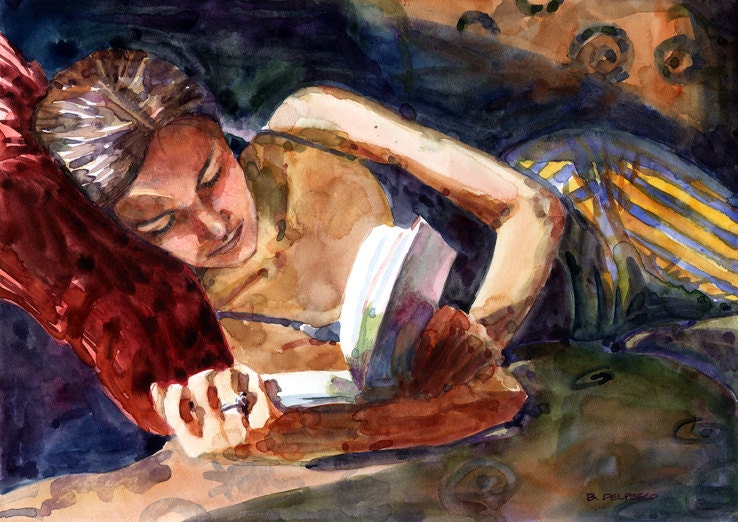 Print Matted to 11x14 Watercolor Woman Reading Books Bright Sunlight DelPesco