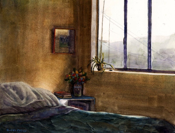 Original Framed Watercolor Glendale Bedroom Window Painting DelPesco