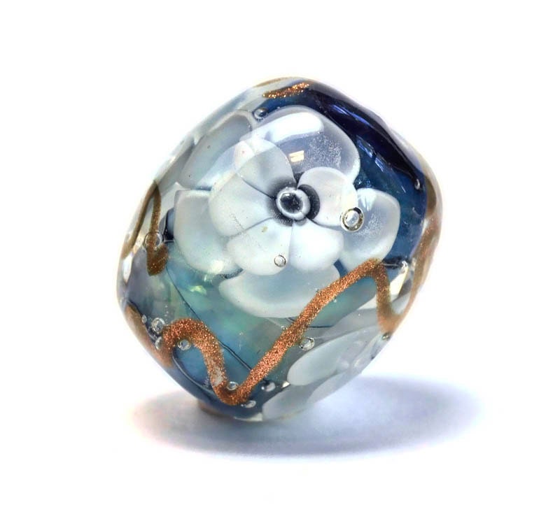 Handmade lampwork glass focal bead-- Big Blue Floral Bead